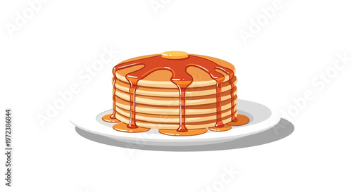 Stack of delicious pancakes with syrup and butter on a plate.