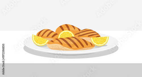 Plate of grilled chicken breasts with lemon slices