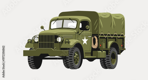 Illustration of an olive drab military truck with a canvas cover