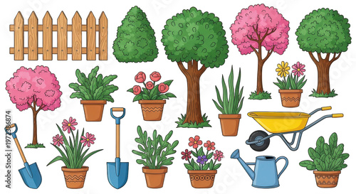 a collection of gardening tools and plants