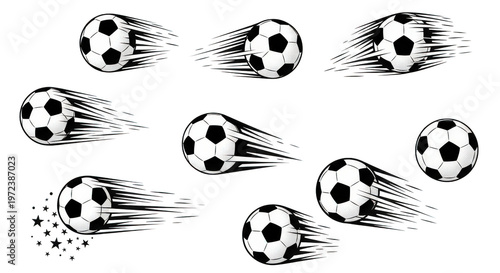 several soccer balls flying through the air