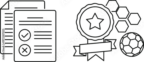 Checklist document with approval marks, award badge with star, hexagon pattern and soccer ball icons, quality evaluation and achievement concept vector illustration