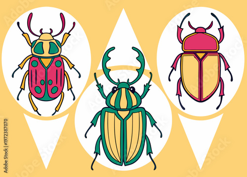Three colorful beetles are displayed within circular and triangular white frames on a solid yellow background in this vector illustration.