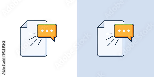 Clean vector icon depicting a file and a speech bubble with ellipsis, symbolizing digital conversation, data feedback, or pending messages