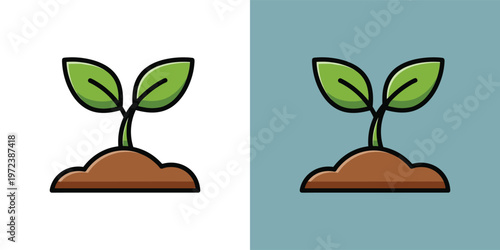 Vibrant cartoon illustration of a young green seedling sprouting from fertile brown soil, symbolizing new beginnings, organic growth, environmental care, and nature's potential