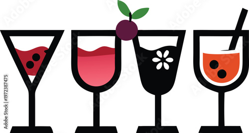 Four colorful cocktails with garnishes on white background glasses drinks