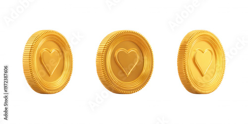 흰색 배경에 하트 심볼이 새겨진 세 개의 빛나는 황금 코인이 나란히 놓여있는 3D 렌더링 이미지로, 사랑, 가치, 보상, 소셜 미디어 좋아요 등의 개념을 상징합니다.