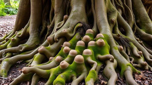 nodular. Gnarled roots of an old tree protruding from the ground, forming nodular structures. gardening catalogs, home-decor guides, designed for gardening and botanical catalogs.
