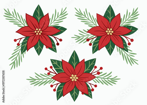 Three red poinsettia flower clusters with green leaves and pine needles are arranged in a symmetrical composition on a white background.