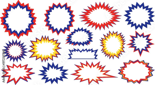 Dynamic comic style burst shapes and starburst graphics for impactful speech bubbles, attention-grabbing exclamations, marketing promotions, and creative design concepts