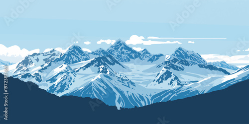 A breathtaking winter panorama of the alpine mountain landscape features a snowy peak and glacier under a cold sky in the Swiss Alps