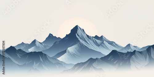 A misty winter mountain landscape at dawn features snow-covered peaks and a glowing sunrise over the blue valley clouds