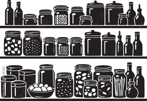Minimalist Monochrome Pantry Shelves with Organized Jars and Containers Vector Illustration