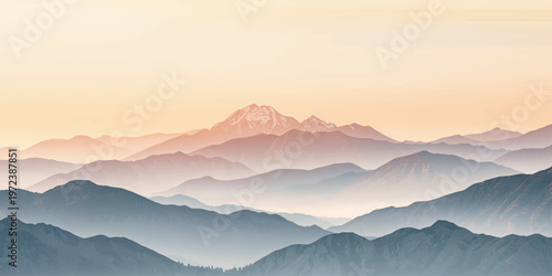 A misty mountain landscape at sunrise with peaks and forest valleys shrouded in blue morning fog under a cloudy sky