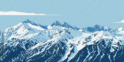 A panoramic winter landscape featuring snow-capped alpine mountain peaks under a blue sky with white clouds over a cold ice glacier