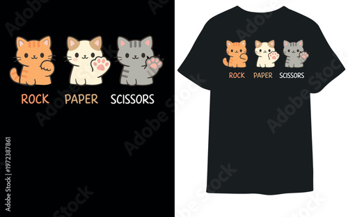 Cute Cat Rock Paper Scissors Funny Cartoon T-Shirt Design