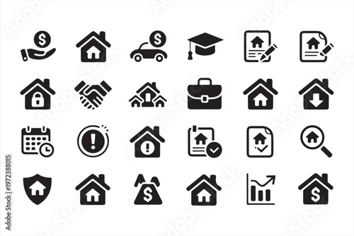 Property Finance Icons Set with Banking, Insurance and Asset Management