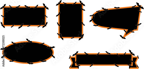Diverse collection of spooky Halloween frames, speech bubbles, and decorative banners adorned with flying bats, perfect for eerie messages and ghoulish party invitations