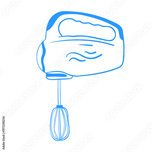 Electric mixer with a whisk for whipping cream. Kitchenware. Cooking tools. Food recipe illustration. Vector hand-drawn line art. Flat icon in a Mediterranean blue style.