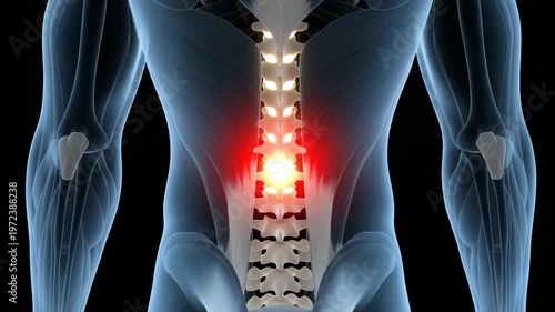 Lower back lumbar spine x-ray with red glowing vertebrae and discs