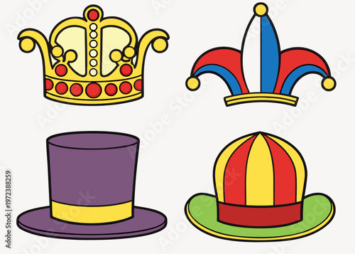 A collection of four different hats including a royal gold crown and a jester hat is presented against a plain light grey background.