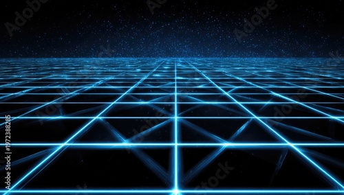 Abstract Blue Neon Grid Extending into Futuristic Digital Space.