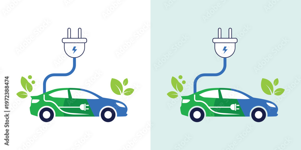 Naklejka premium Dynamic illustration of an eco-friendly electric vehicle concept, showcasing sustainable transportation and green energy charging solutions for a cleaner future