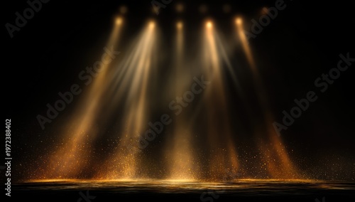 Stage Lighting Effect with Golden Beams on Dark Background.