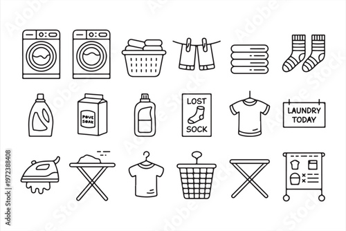Laundry Icons Set with Washing Machine and Clothes Care Elements