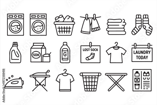 Clothing Care Icons Featuring Detergent, Ironing and Drying Concepts