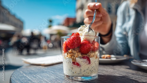 Delicious Yogurt Parfait with Fresh Strawberries and Granola Outdoors.