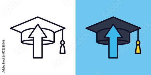 Academic achievement and upward mobility concept with a graduation cap and an ascending arrow, symbolizing educational growth, career advancement, and personal development