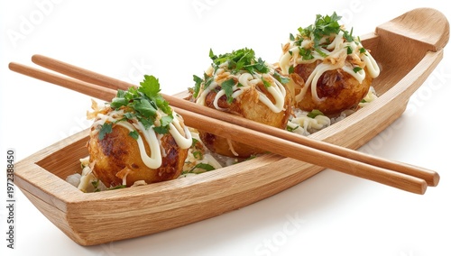 Delicious Takoyaki Balls Served in a Boat-Shaped Wooden Dish.