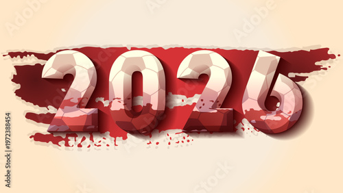 2026 football background with 3d numbers featuring soccer ball texture on a red grunge brush stroke. perfect for sports tournaments, world championship promotions, and athletic events.