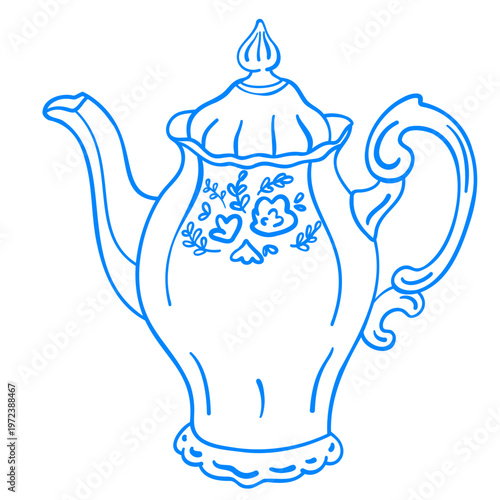 Bohemian Art Deco ceramic vintage teapot doodle. Morning coziness and hygge style. Hand-drawn vector line art. Flat icon in Mediterranean blue style.