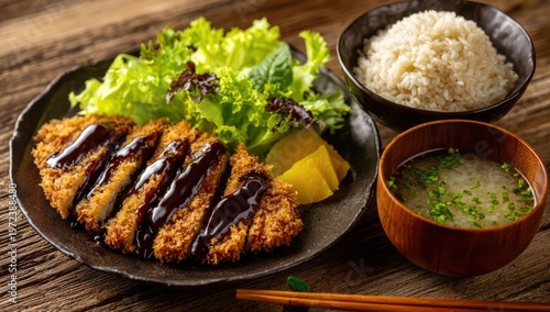 Delicious Japanese Tonkatsu Pork Cutlet Meal with Rice and Miso Soup.