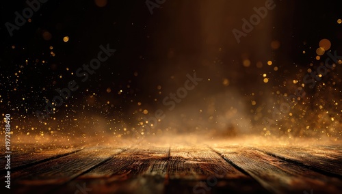 Mystical Golden Dust Particles Floating Over Wooden Floor Stage.