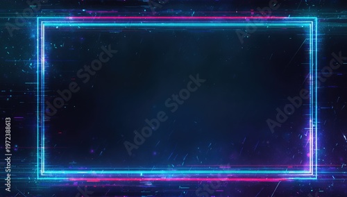 Futuristic Neon Rectangle Frame with Digital Glitch Effect on Dark Background.