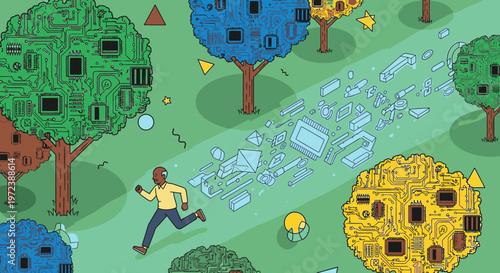 Man chasing digital data fragments from circuit board trees in a park, representing technology and information flow.