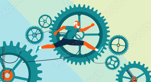 Man jumping between gears, symbolizing progress, business success, and overcoming challenges with determination and energy