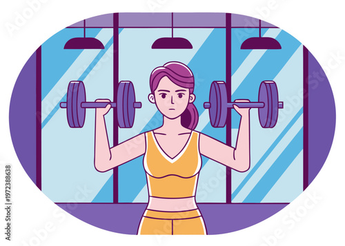 A focused woman in a yellow sports bra lifts heavy purple dumbbells within an oval-bordered gym interior featuring three black ceiling lamps.