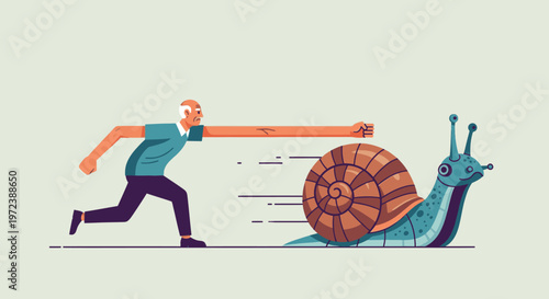 Dynamic illustration of a determined man with an elongated arm running to catch a surprisingly fast snail, symbolizing speed, slowness, effort, and competition.