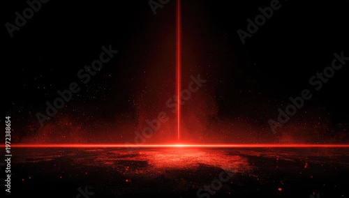 Abstract Red Laser Beam Cutting Through Dark Smoke and Fog.