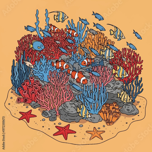 Vibrant coral reef with diverse marine life.