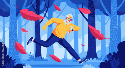 Energetic senior man running through a vibrant blue forest with falling red leaves, symbolizing active aging, freedom, and vitality in nature.