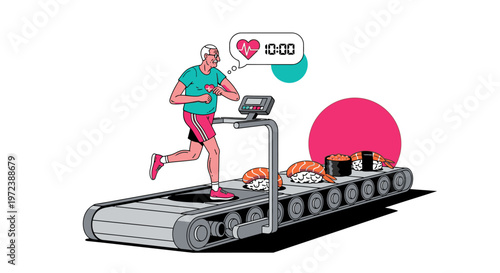 Elderly man running on a sushi treadmill, a humorous illustration depicting the constant battle between maintaining fitness and resisting unhealthy food choices.