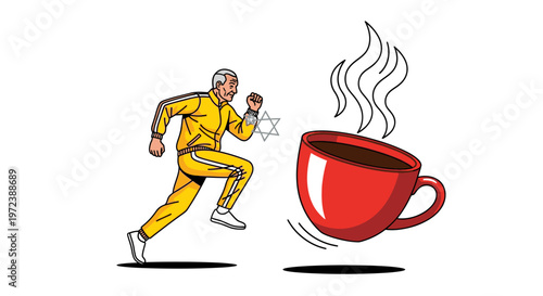 Senior man in yellow tracksuit running towards a steaming red coffee cup, symbolizing morning energy, active lifestyle, and the stimulating power of caffeine.