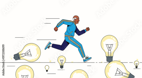 Vibrant illustration of an active senior man in a tracksuit swiftly running past many lightbulbs, depicting the speed of thought, innovation, and creative problem-solving.