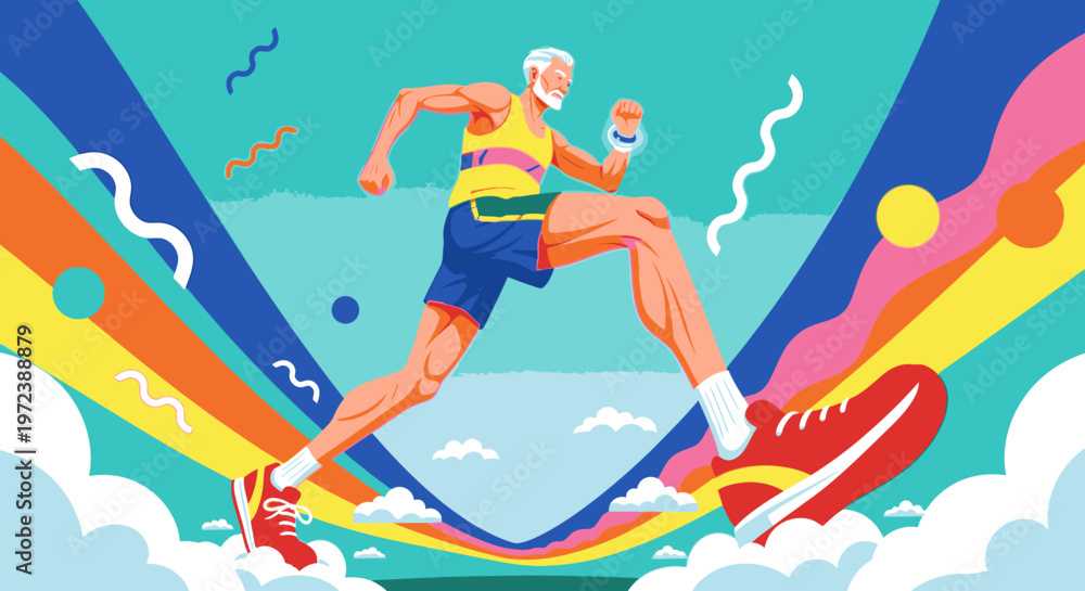 Fototapeta premium Vibrant illustration of an active senior man running with energy and vitality against a colorful, dynamic background, promoting healthy aging and an energetic lifestyle.