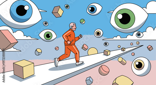 Elderly man running on a path surrounded by floating eyes and geometric shapes under a surreal sky